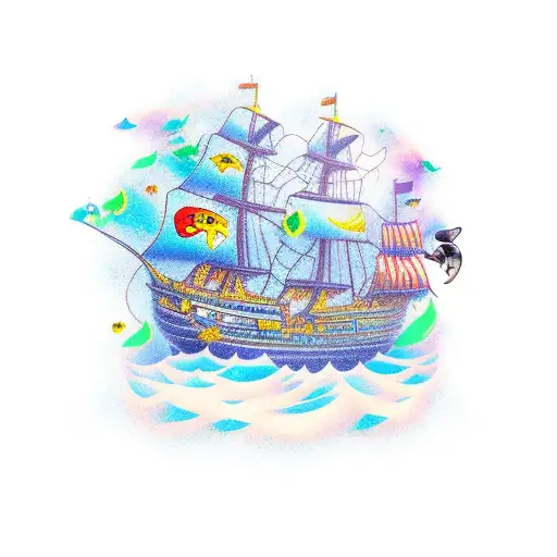 A pirate ship sailing on rough seas surrounded by a school of colorful fish tattoo design idea