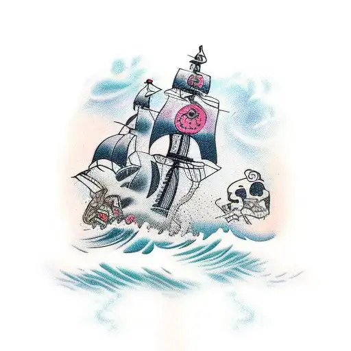 A pirate ship sailing on rough seas surrounded by a school of colorful fish tattoo design idea