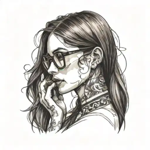 girl in profile, long aquiline nose, glasses, long straight brown hair, very thin lips, skin without tattoo, spades card tattoo design idea