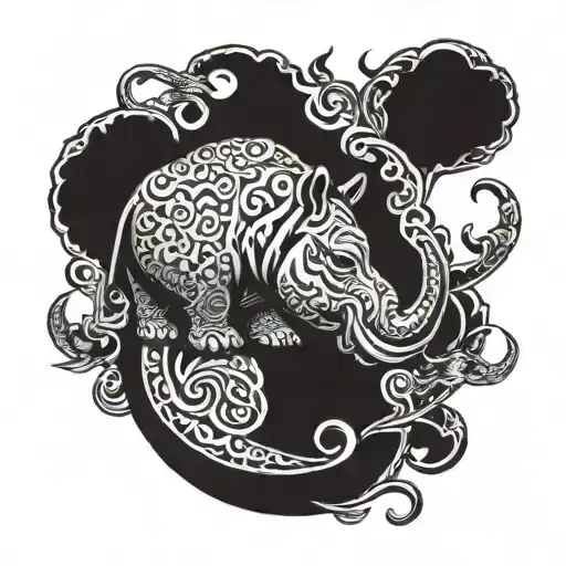 An intricate tattoo featuring a hippopotamus, elephant, and snake intertwined in a unique design tattoo design idea