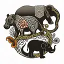 An intricate tattoo featuring a hippopotamus, elephant, and snake intertwined in a unique design tattoo design idea