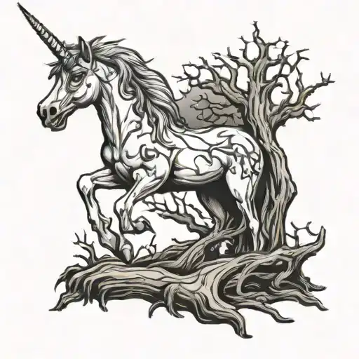 unicorn zombie dead tree tattoo design idea