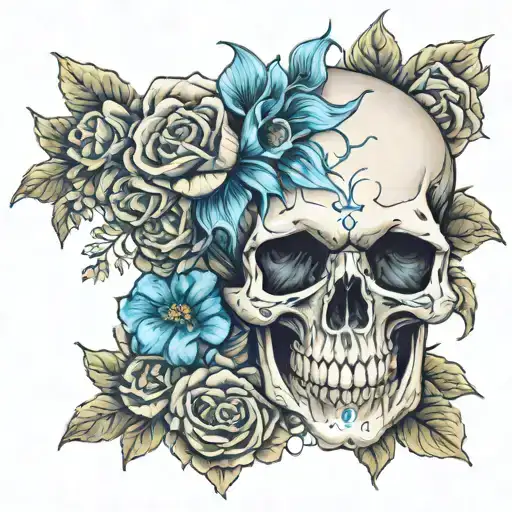 skull with blue flaming heart eyes, no jaw, and holding flowers  tattoo design idea