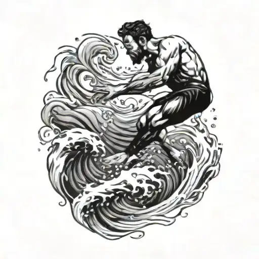 muscular man diving from a height into water waves tattoo design idea
