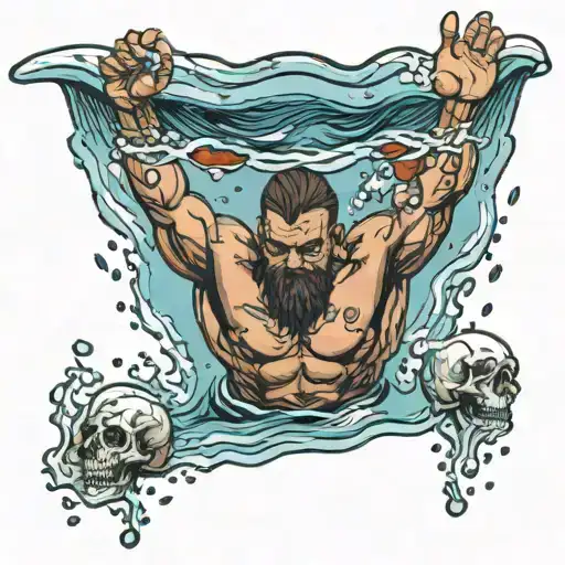 muscular man diving into water half body in water half outside, water filled with skulls tattoo design idea
