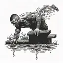 muscular man diving from a plank into water half body in water half outside, water filled with skulls tattoo design idea