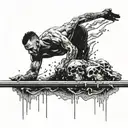 muscular man diving from a plank into water half body in water half outside, water filled with skulls tattoo design idea