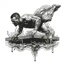 muscular man diving from a plank into water half body in water half outside, water filled with skulls tattoo design idea