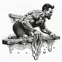 muscular man diving from a plank into water half body in water half outside, water filled with skulls tattoo design idea