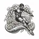 muscular man diving from a height into water waves tattoo design idea