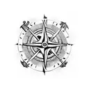 viking compass with "drengr" written in old norse, a valknut and odin's raven tattoo design idea
