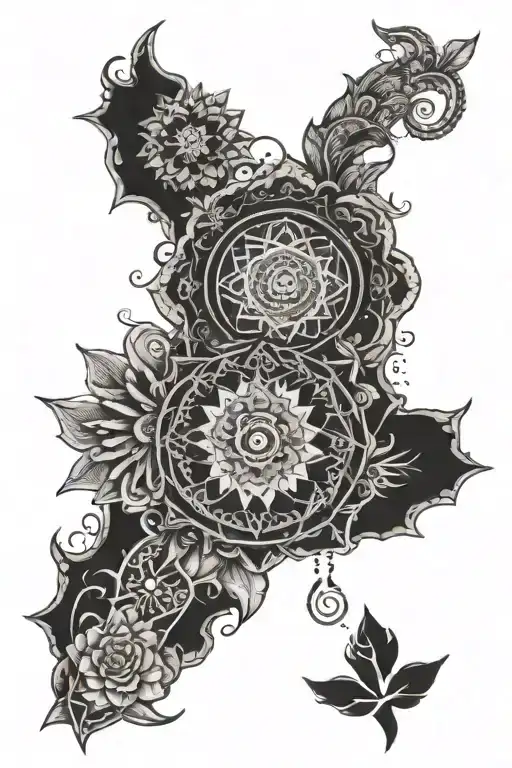 Yogi forearm blank ink tattoo. Representation of chakras, duality (sun and moon). Lots of patterns around it. Lots of in tattoo design idea