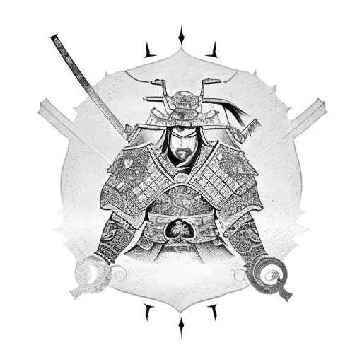 A gang of samurai warriors from different clans united under the Legion banner, each with intricate Japanese armor details tattoo design idea