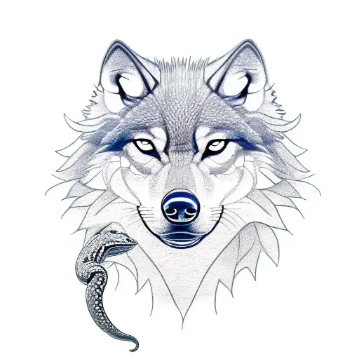 A wealthy wolf, adorned with gold and holding a stack of money, glares angrily at a cunning snake slithering nearby, its tattoo design idea