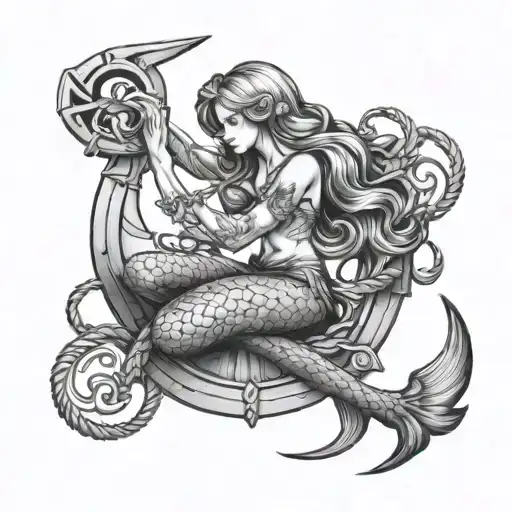 mermaid sitting on a anchor intertwined tattoo design idea