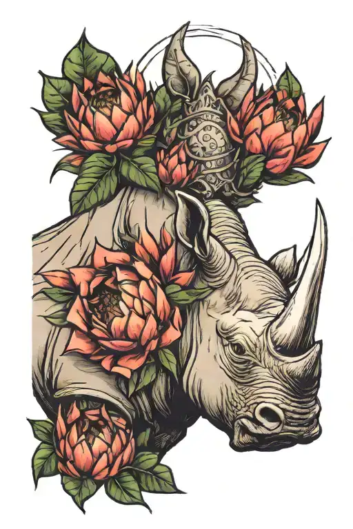 king protea and white rhino head tattoo design idea