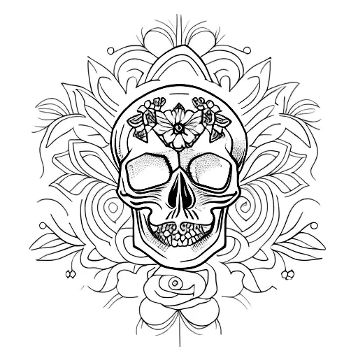 A minimalist tattoo of a skull adorned with vibrant flowers, merging your interests in skulls and floral designs. tattoo design idea