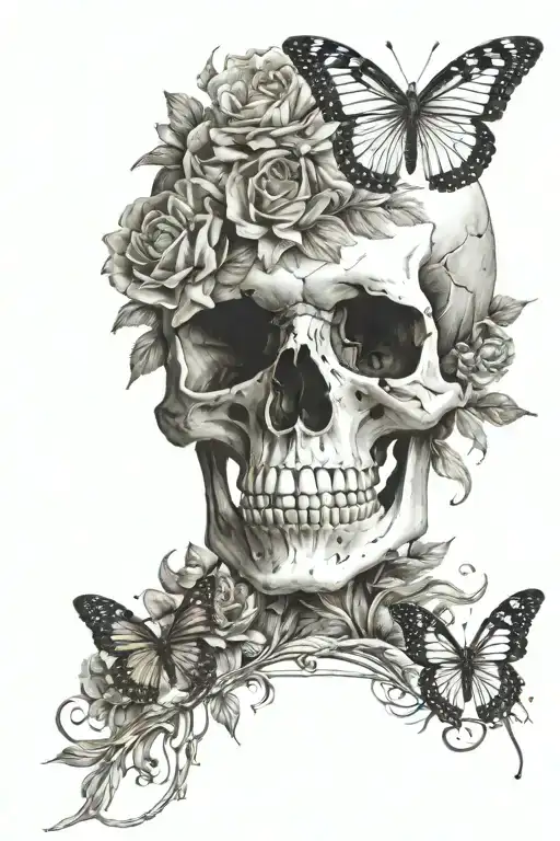 skull with flowers growing from it. with a butterfly that landed on the skull. add the name "Jaci Lynn" in there somewhe tattoo design idea
