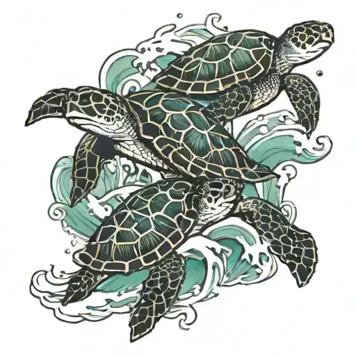 Marine biology, sea turtle, family, nature waves tattoo design idea