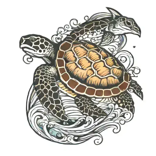 Marine life, family, nature, waves, sea turtle  tattoo design idea