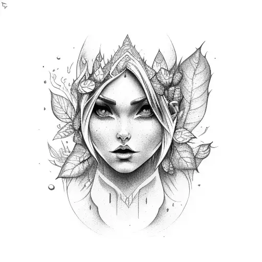 woman elf dark power nature leaves tattoo design idea