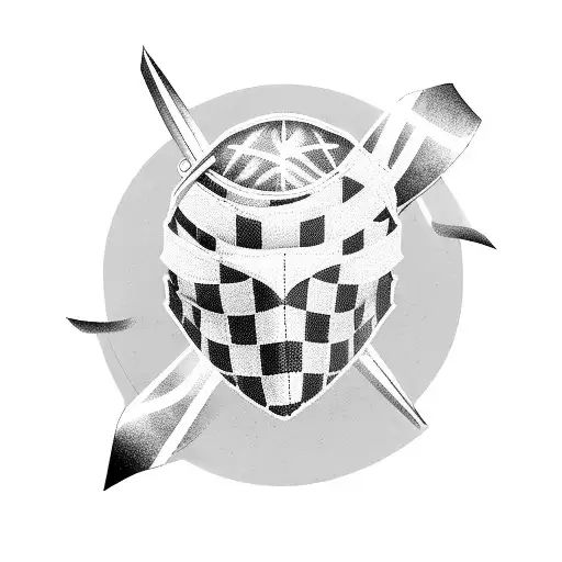 Welder's mask with race car patterns and checkered flags tattoo design idea