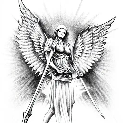 angel of death with sword tattoo design idea