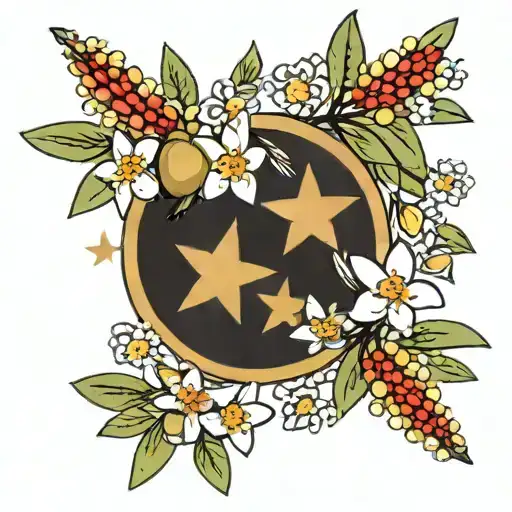 A garland of white olive flowers with two stars tattoo design idea