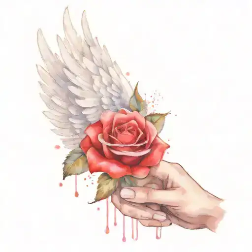 praying hands, angel wings, a red rose tattoo design idea