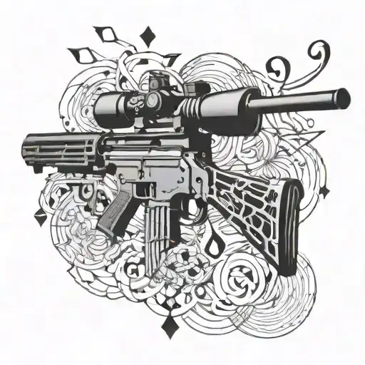 A detailed blackwork tattoo of a sniper rifle intertwined with musical notes and barbells tattoo design idea
