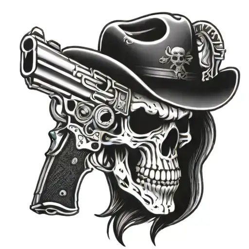 western skull with gun female tattoo design idea
