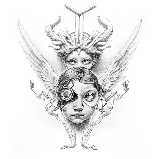 cupid and psyche painting, "fear is the mind killer" , eye from fallen angel, dotted/straight lines, golden spiral tattoo design idea