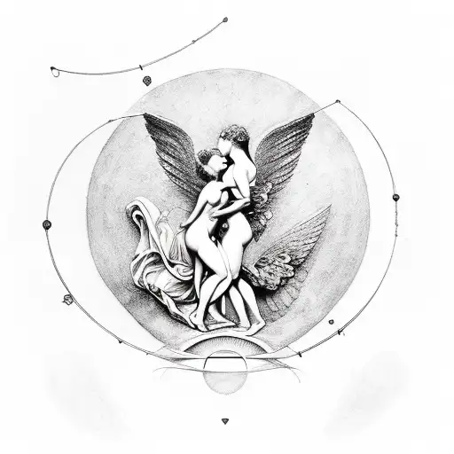 cupid and psyche painting, "fear is the mind killer" , eye from fallen angel, dotted/straight lines, golden spiral tattoo design idea