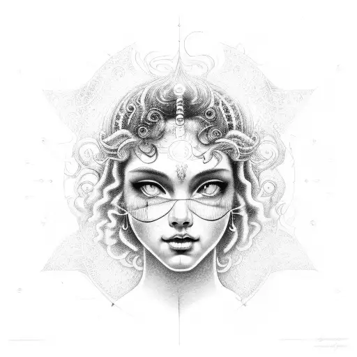 Goddess with curly hair with radiating light in her hands emerging from the darkness tattoo design idea
