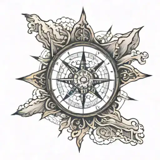 Jack Sparrow's compass rose with mountains as one point and the ocean as the other with the top point blank  tattoo design idea