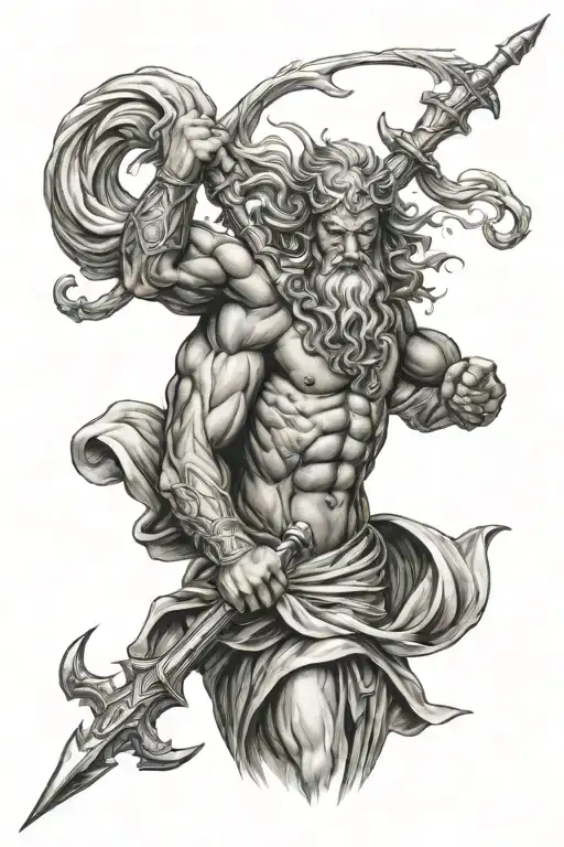 sleeve tattoo with Poseidon holding a trident blending into a patriotic American flag on forearm tattoo design idea
