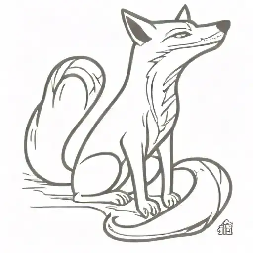 fox spirit tattoo with 3 tales,  the body is fully been seen. and is minimalistic in a ghibli style   tattoo design idea