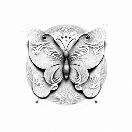 Musical notes swirling around a butterfly in dotwork style tattoo design idea