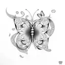 Musical notes swirling around a butterfly in dotwork style tattoo design idea