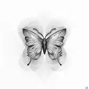 Musical notes swirling around a butterfly in dotwork style tattoo design idea