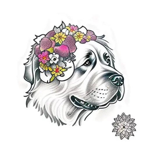 newfoundland dog side profile surrounded by flowers and lace tattoo design idea