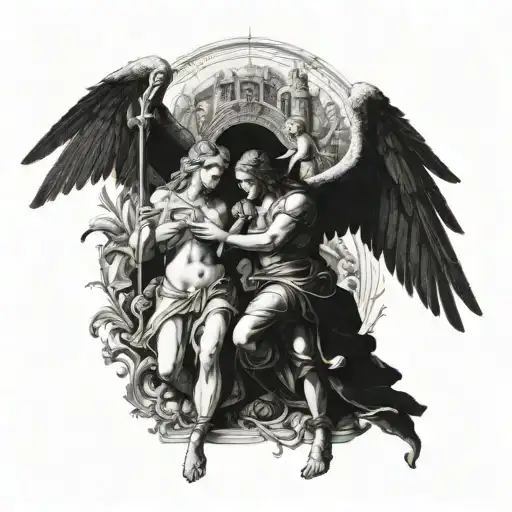 renaissance painting angels demons and cathedral tattoo design idea
