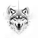 wolf head and face of Odin surrounded by lightning and a raven in the background tattoo design idea