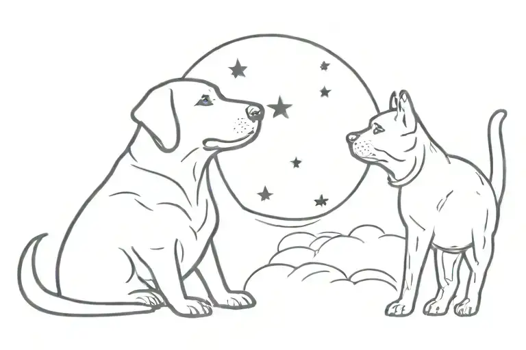 Labrador and a cat with halos above their head looking at the moon tattoo design idea
