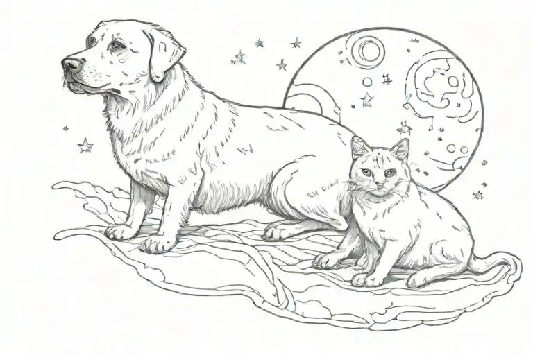 Labrador and a cat with halos above their head looking at the moon tattoo design idea