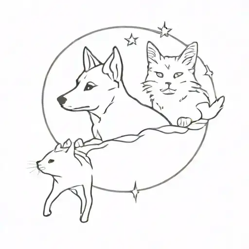 Moon, dog wearing halo and cat wearing halo tattoo design idea