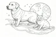 Labrador and a cat with halos above their head looking at the moon tattoo design idea