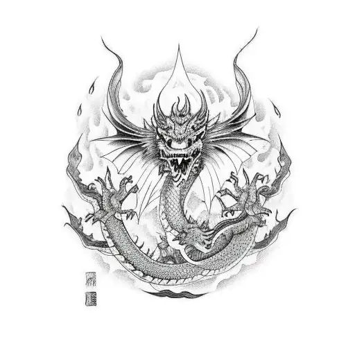dragon outstretched wings with fire aura tattoo design idea