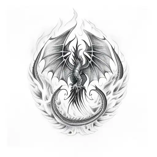 dragon outstretched wings with fire aura tattoo design idea