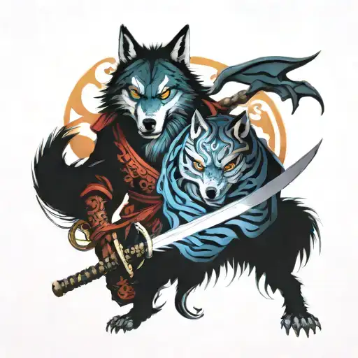 Wolf and Demon samurai with sword tattoo design idea